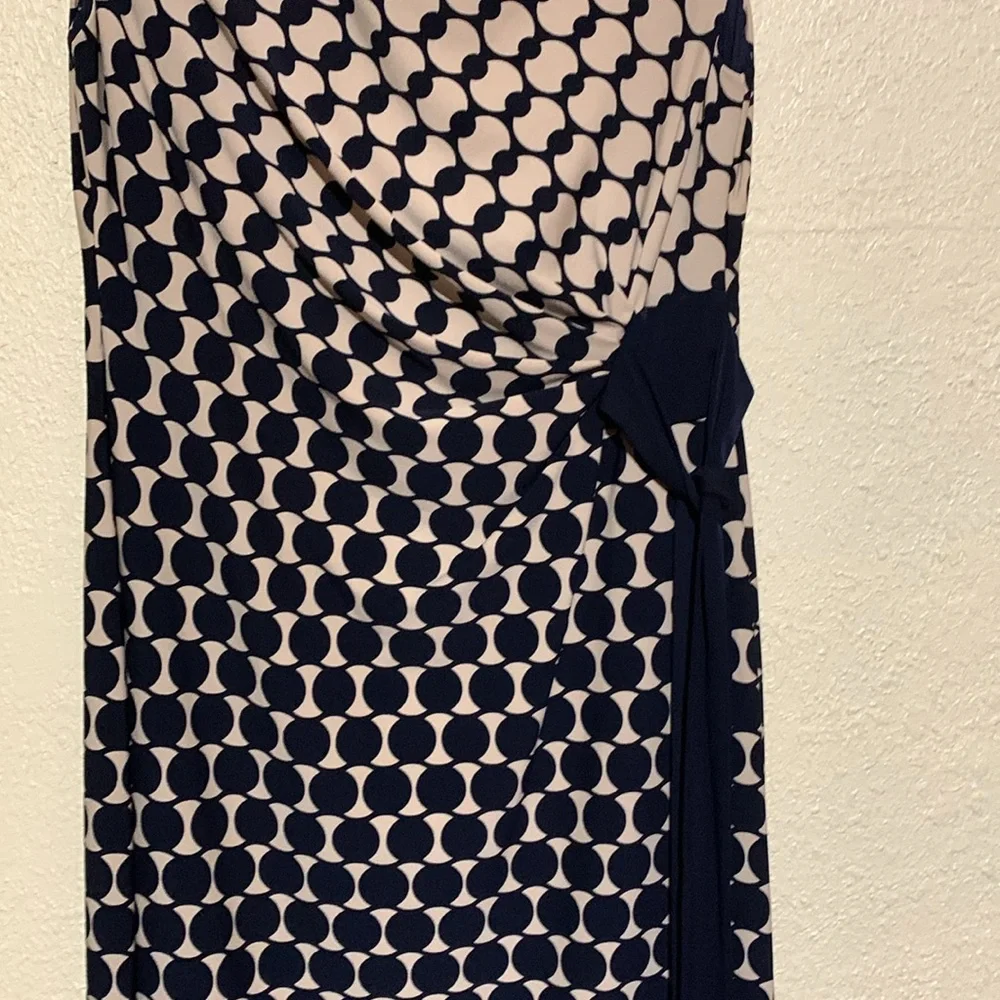 Connected Apparel Dress 8 Stretchy Tan Black Navy Pull Over Ruched Dots - Picture 3 of 16